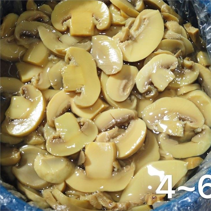 Sliced white champignon in brine in drums factory